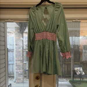 TOPSHOP Green Striped Mini Dress with Pink Smocked Waist
